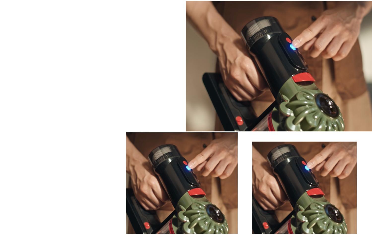 The power mode control button on the top of the Dyson V8 Cyclone vacuum cleaner.