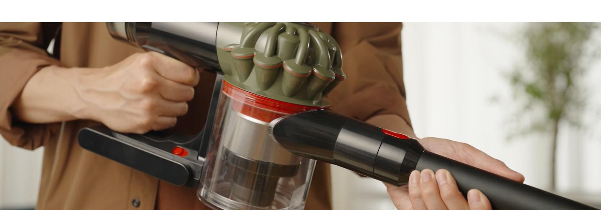 The wand is attached to the Dyson V8 Cyclone vacuum.