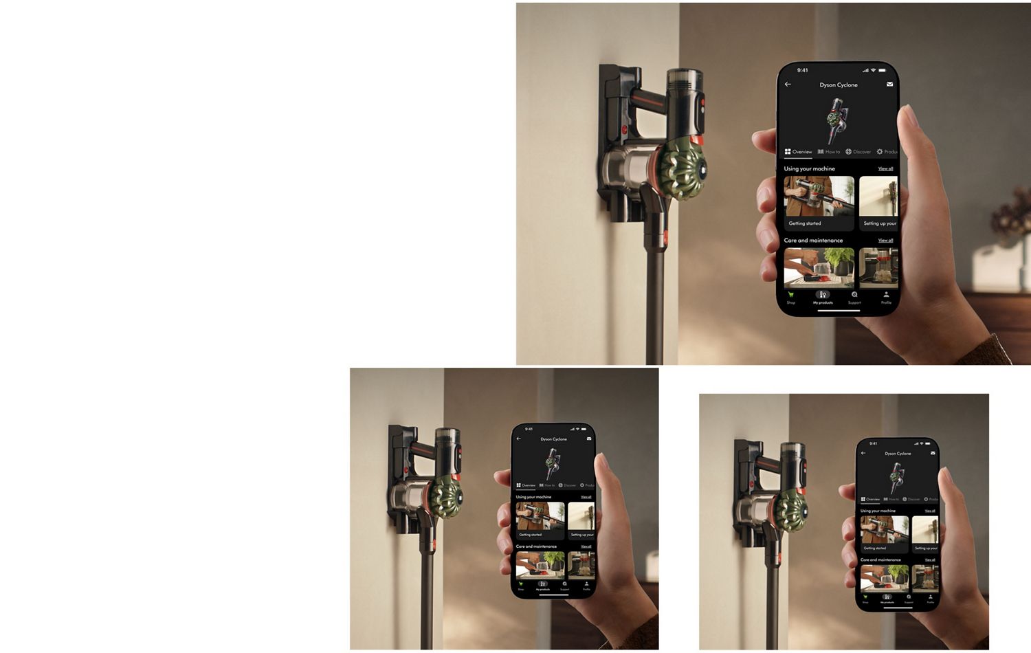 L’aspirateur sans fil Dyson V8 Cyclone sur sa station de chargement murale avec un téléphone affichant l’application MyDyson.