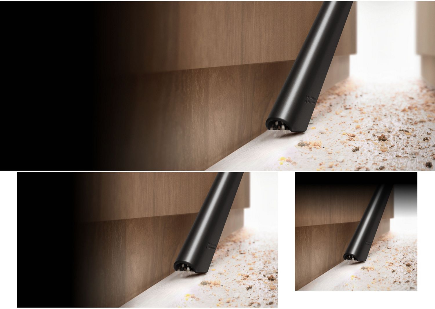 The Dyson V8 Cyclone vacuum is used with the Crevice tool to clean between cabinets.