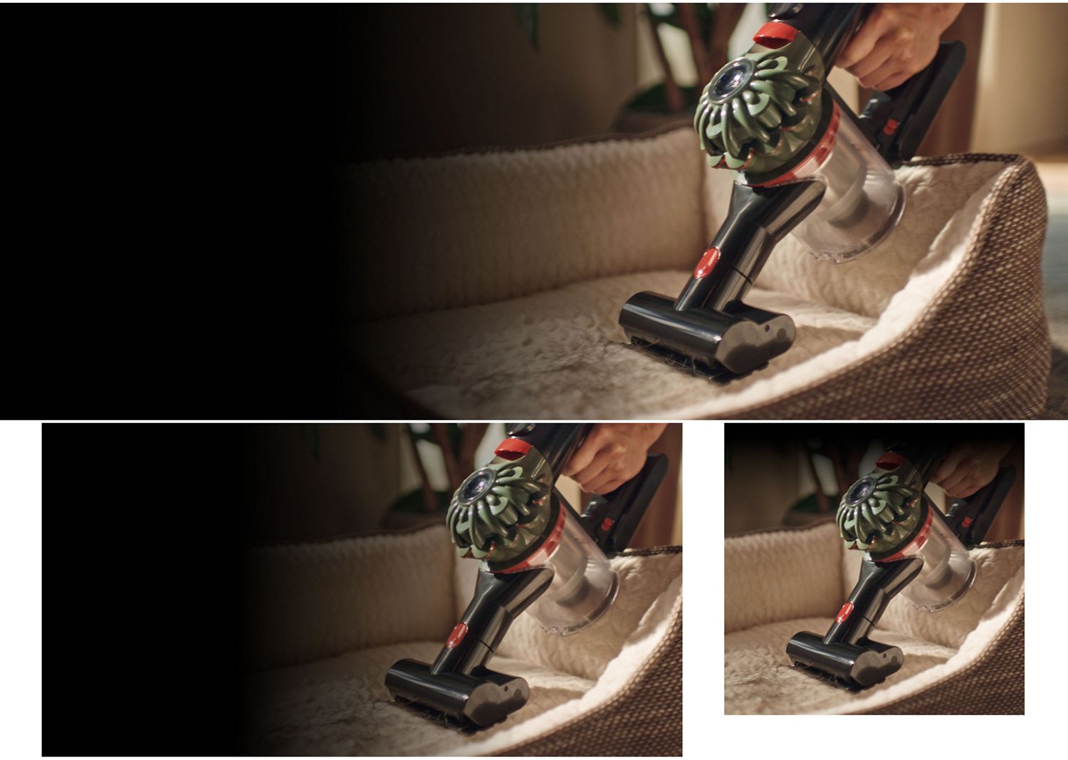 The Dyson V8 Cyclone vacuum is used with the Mini motorised tool to clean a pet bed.