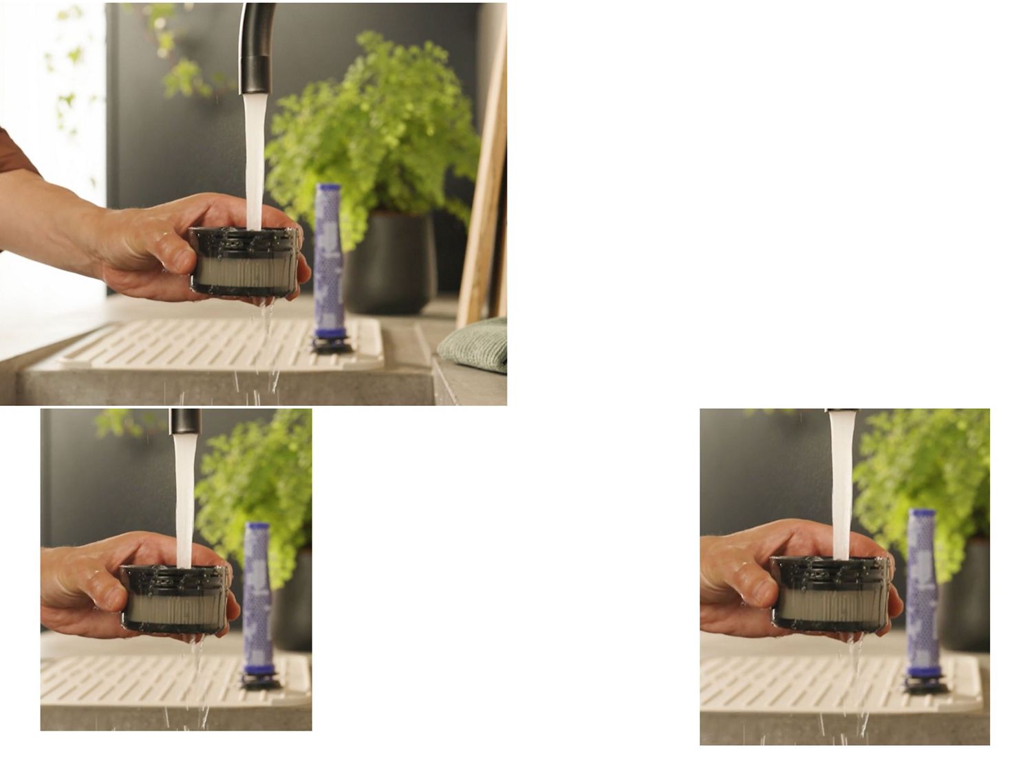 The Post-filter of the Dyson V8 Cyclone vacuum is cleaned under running water.