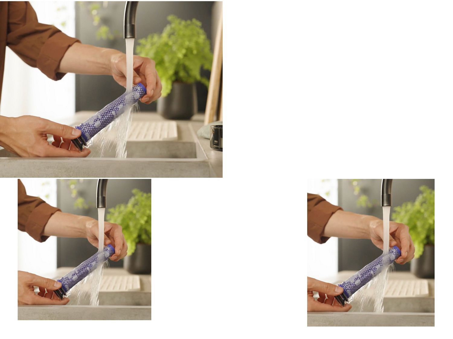 Le préfiltre de l’aspirateur Dyson V8 Cyclone est nettoyé sous l’eau courante. 