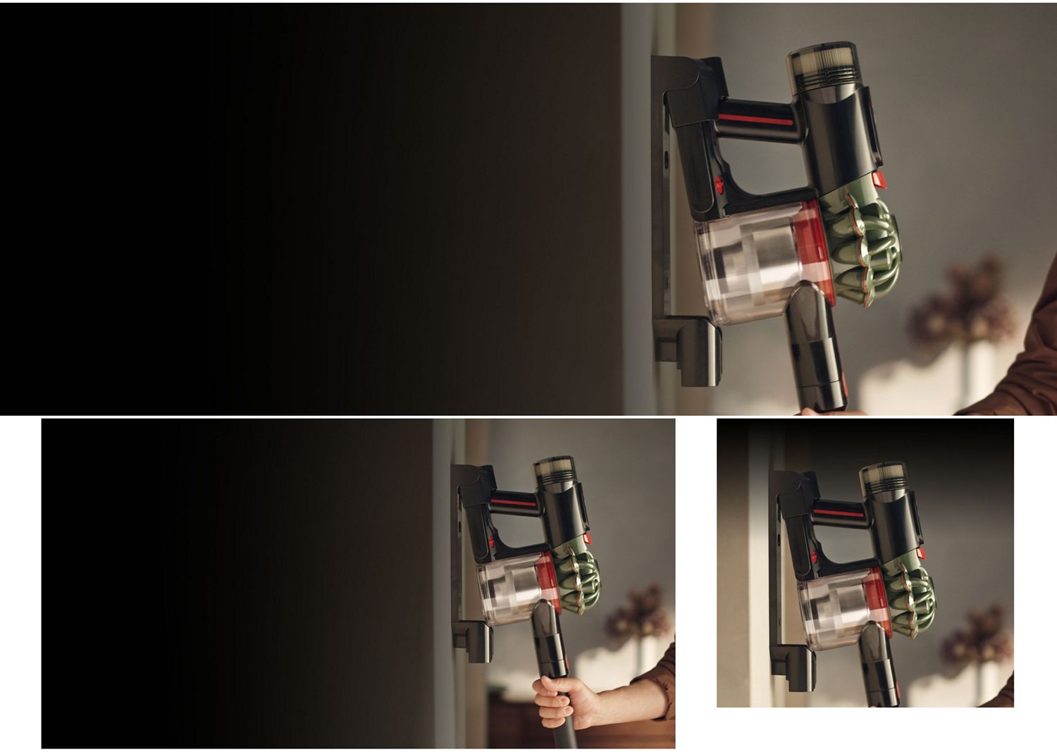 A modern home with a sweeping staircase and the Dyson robot vacuum and the Dyson Big+Quiet purifier.