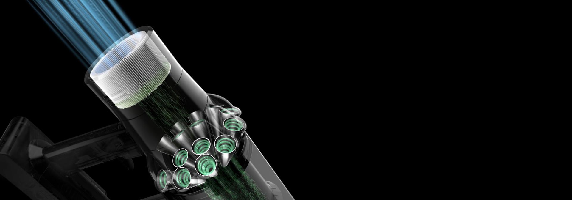 قطاع عرضي يُظهِر الفلترة في مكنسة Dyson V10
