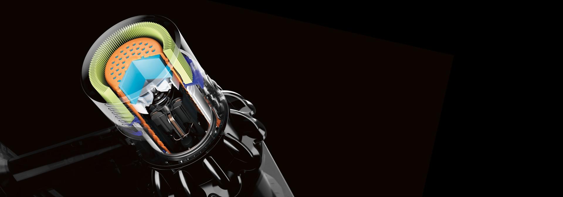 قطاع عرضي يُظهِر الهندسة الصوتية داخل مكنسة Dyson V10