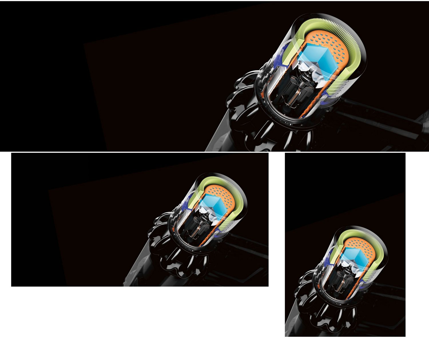 Plan en coupe montrant la technologie acoustique à l'intérieur de l'aspirateur Dyson V10.