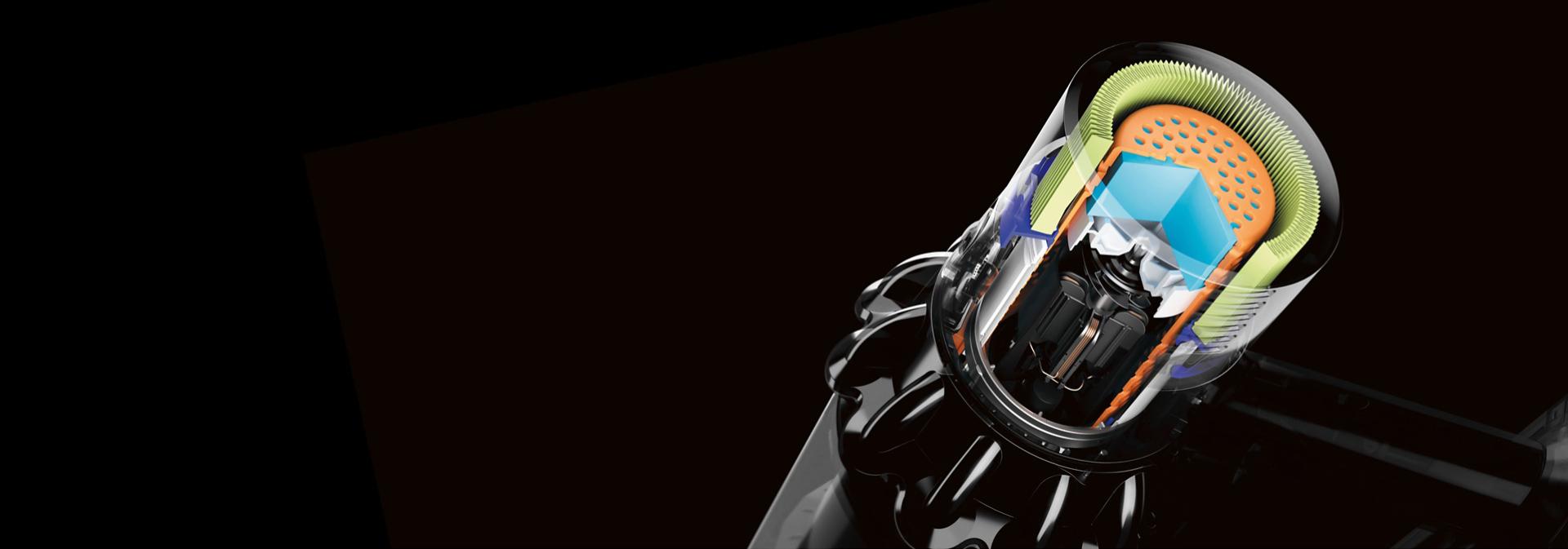 Obrázek akusticky vyladěného řešení uvnitř vysavače Dyson V10.