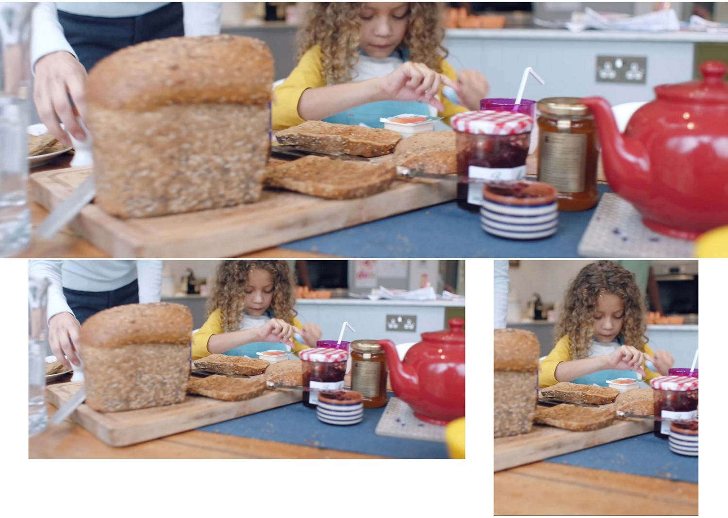 Un enfant prend son petit-déjeuner à une table de cuisine.