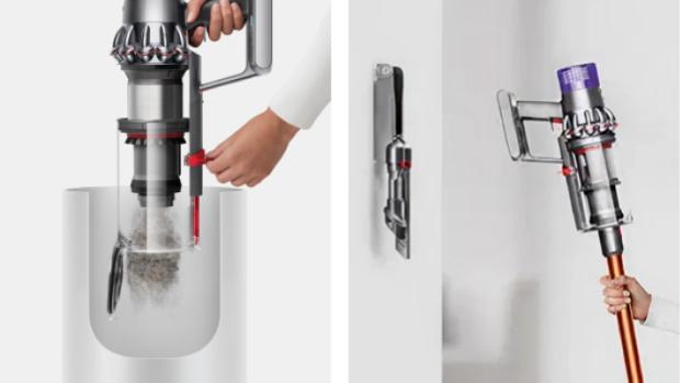 Dyson Cyclone V10 putekļu sūcējs tiek iztukšots un novietots pie sienas piestiprinātā uzlādes dokstacijā.