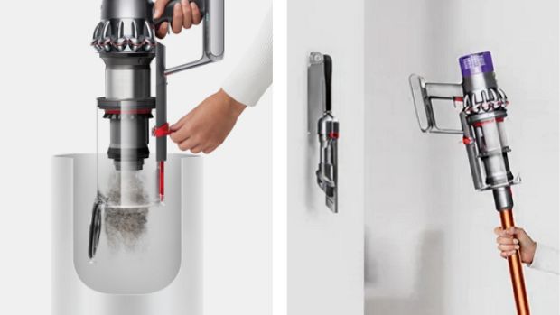 Dyson Cyclone V10 putekļu sūcējs tiek iztukšots un novietots pie sienas piestiprinātā uzlādes dokstacijā.