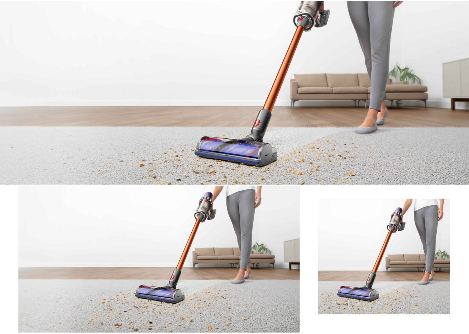 Der Dyson Cyclone V10 Staubsauger wird zur Entfernung von Staub und Schmutz auf einem Teppich verwendet.