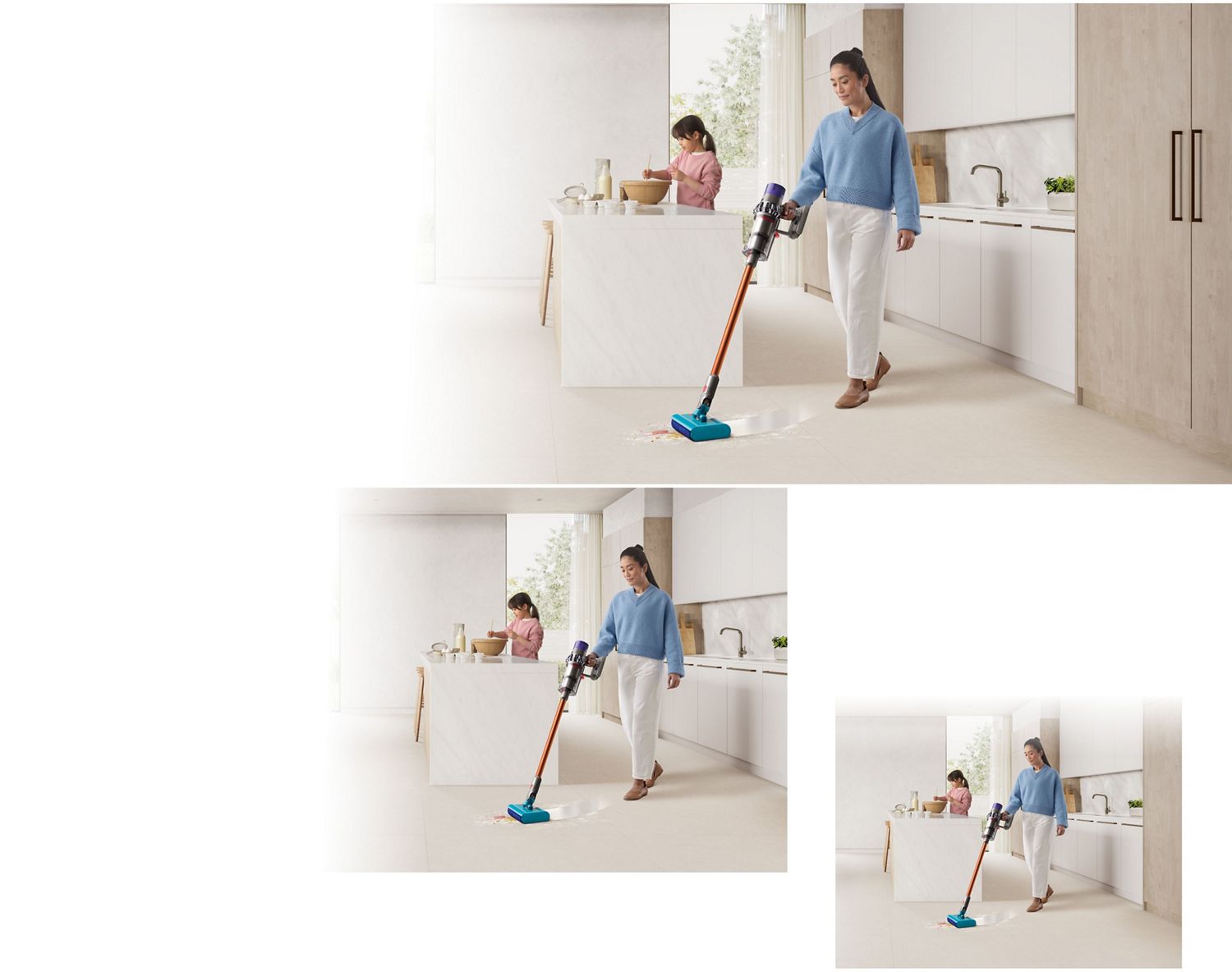 L'aspirateur lavant Dyson Cyclone V10 Submarine utilisé pour nettoyer le sol d'une cuisine.