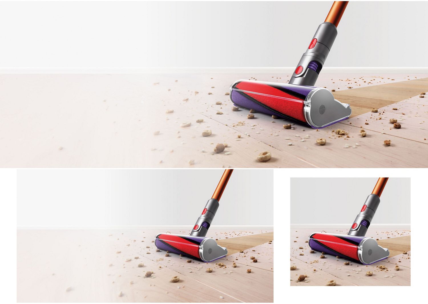 Fluffy cleaner head picks up debris from a hard floor.