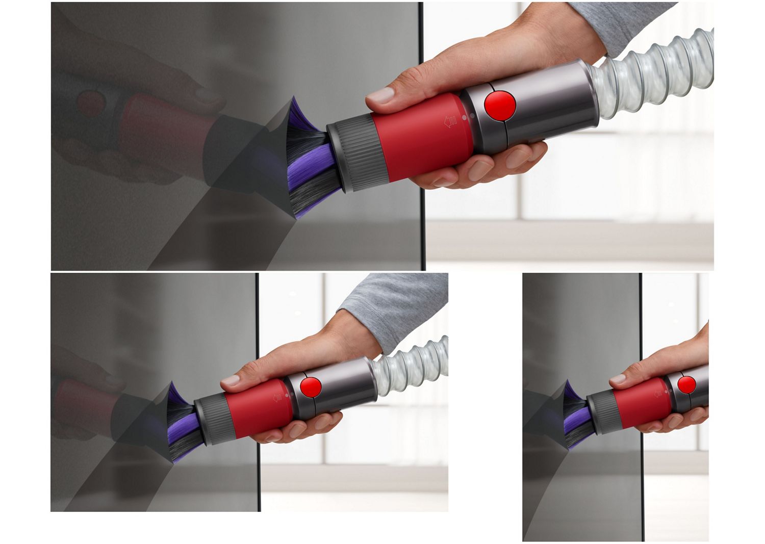 Scratch-free dusting brush used to clean a tv screen.