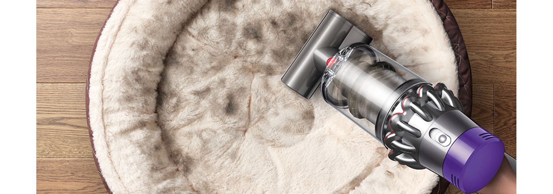 Dyson Cyclone V10 putekļu sūcējs, ko izmanto kopā ar motorizēto miniuzgali, lai tīrītu mājdzīvnieka guļvietu.