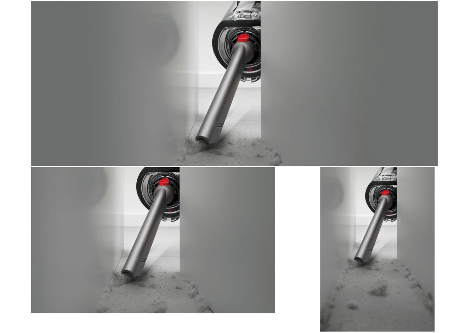 Dyson Cyclone V10 vacuum used with the Crevice tool to clean a hard-to-reach spot.