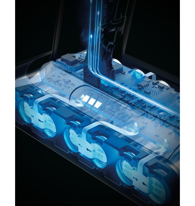 Šķērsgriezums, kurā redzams Dyson Cyclone V10 putekļu sūcēja akumulators.