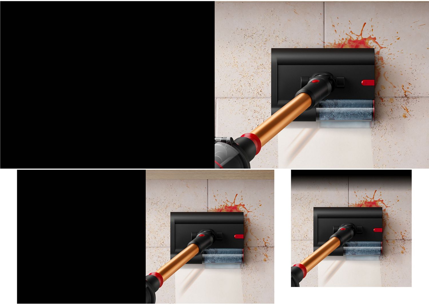 La tête d’aspirateur rouleau humide Dyson Submarine nettoie un déversement sur un plancher dur.