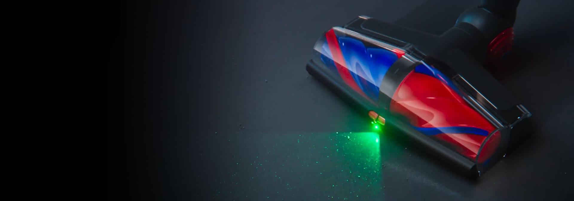 The All Floor Cones Sense cleaner head illuminates hidden dust on hard floors.