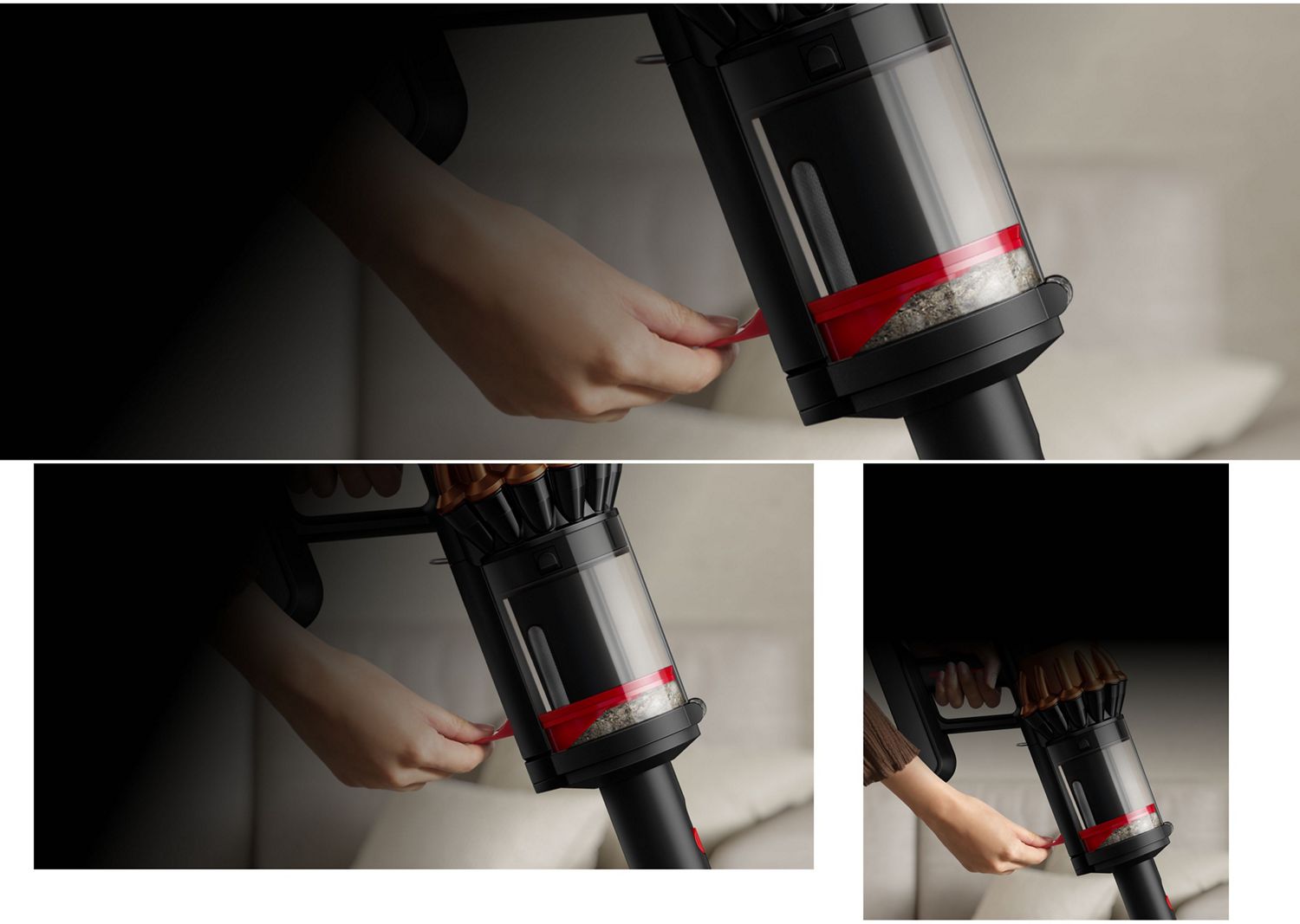 Une personne compressant la saleté à l'intérieur du collecteur de l'aspirateur Dyson Piston Animal.