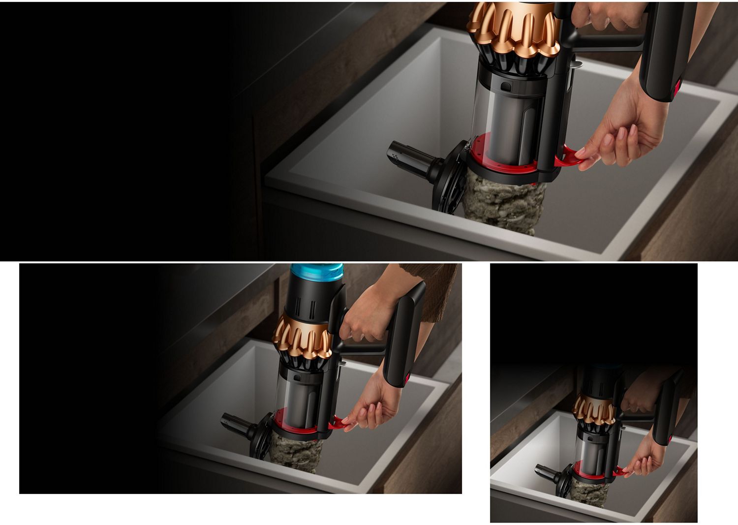 Une personne vidant hygiéniquement la saleté à l'intérieur du collecteur de l'aspirateur Dyson Piston Animal en utilisant le levier sur le côté.