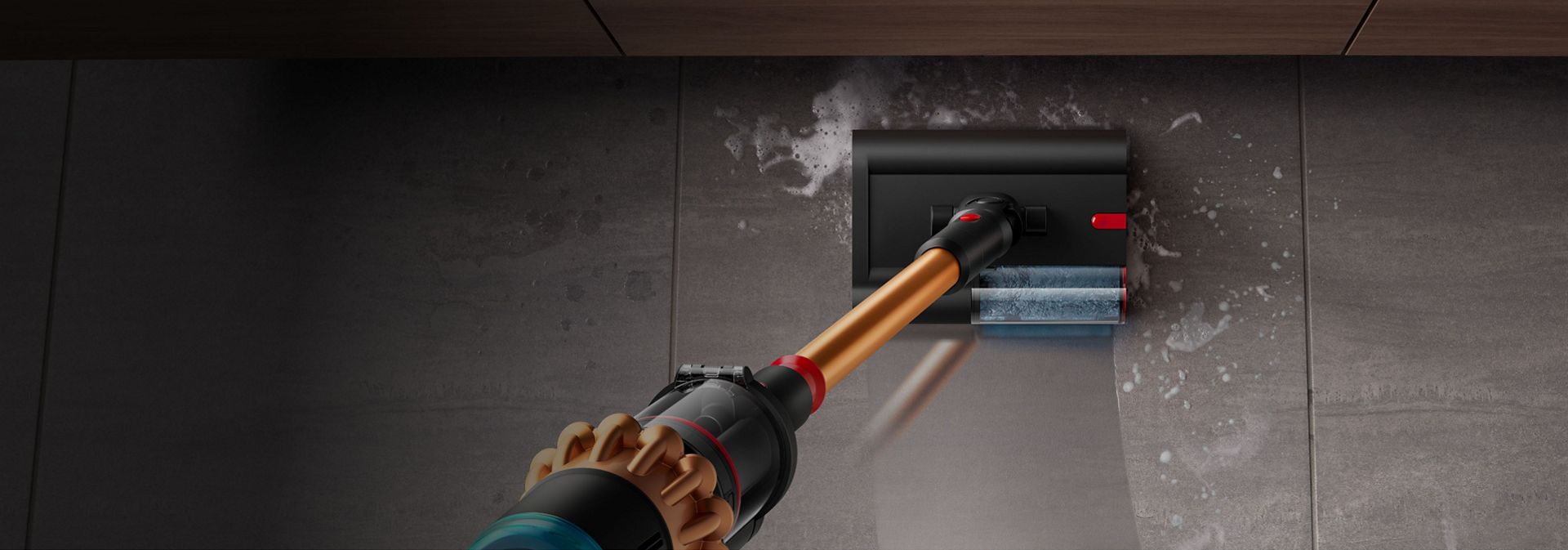 The Dyson Piston Submarine 2.0 wet cleaner head cleaning up spills on hard floors.