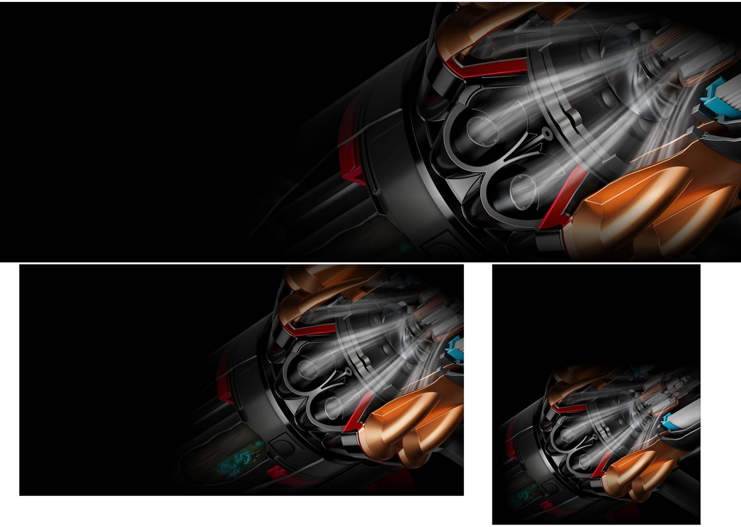 Une coupe transversale des cyclones dans l'aspirateur Dyson Piston Animal.