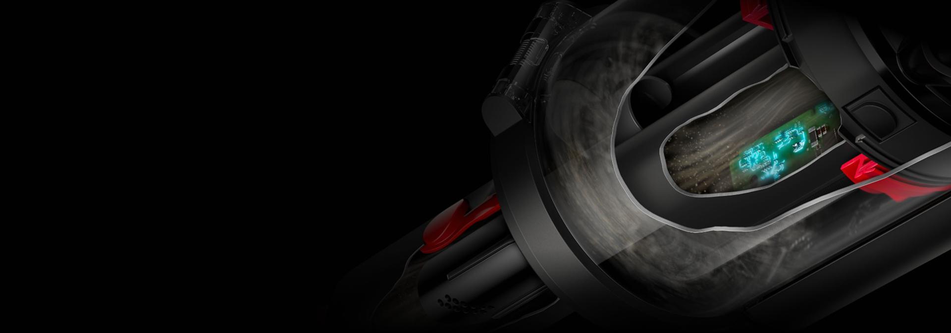 Tolmuimeja Dyson Piston Animal tolmutuvastussüsteemi läbilõige.