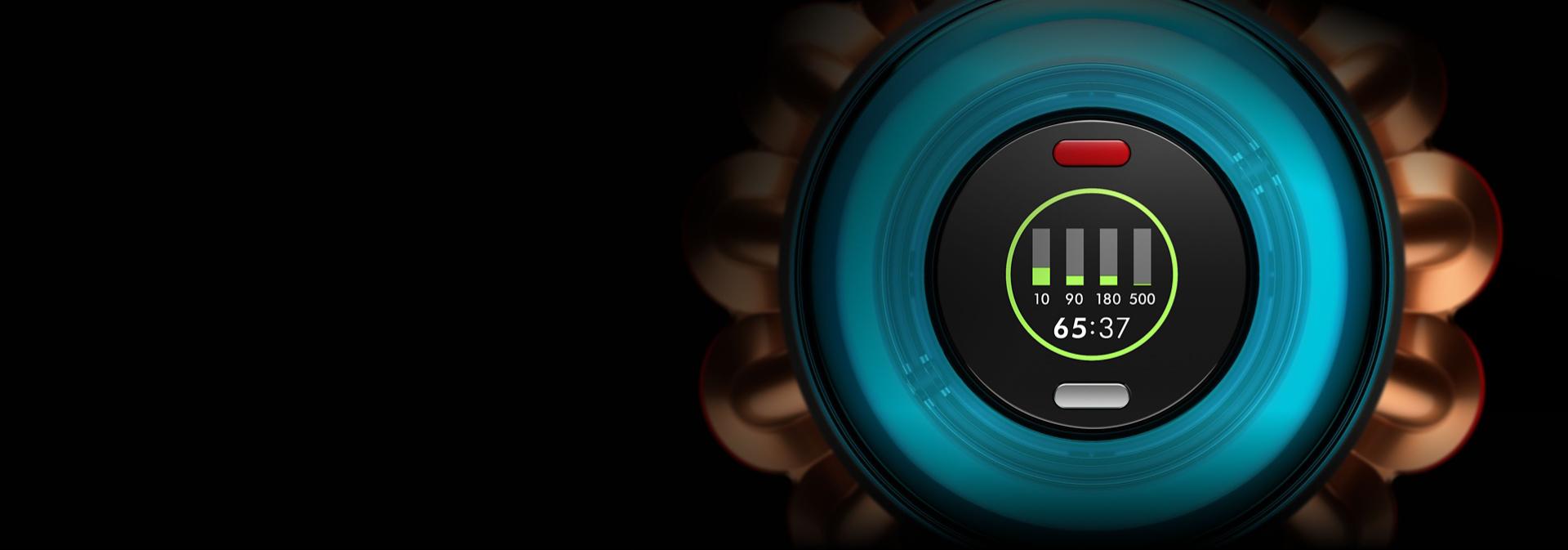 Tolmuimeja Dyson Piston Animal LCD-ekraani lähivaade.