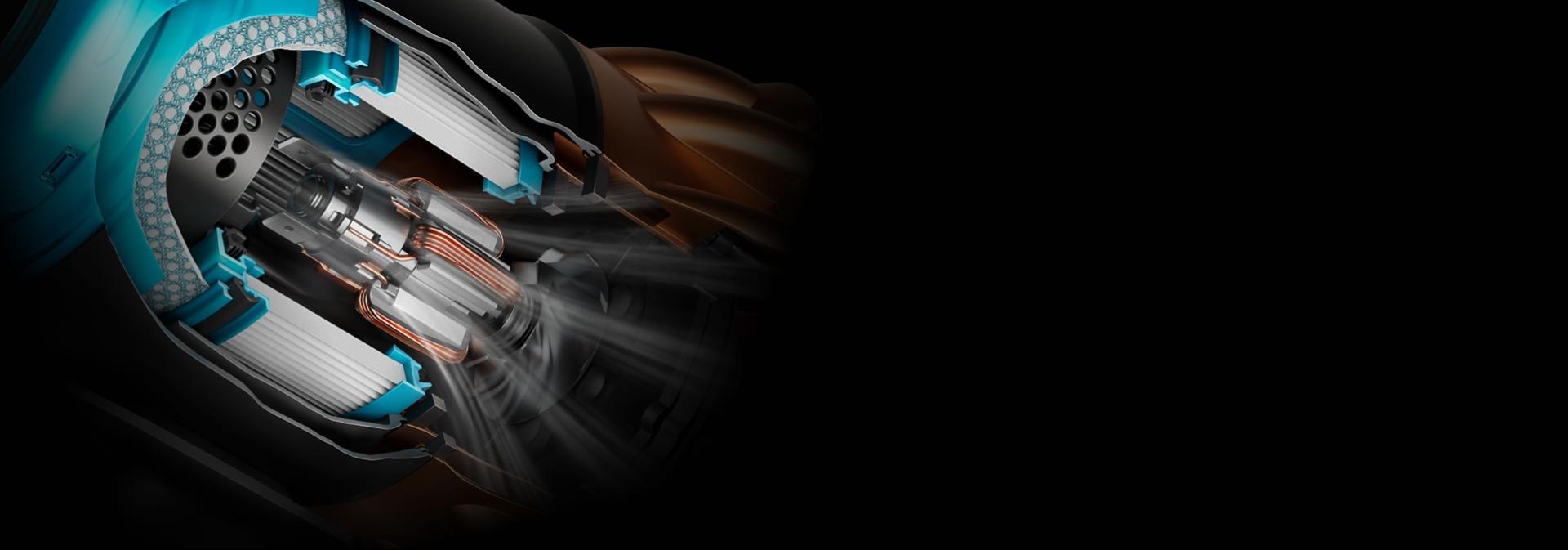 لقطة مقتطعة لمكنسة Dyson V16 Piston Animal تعرض المحرك بداخلها.