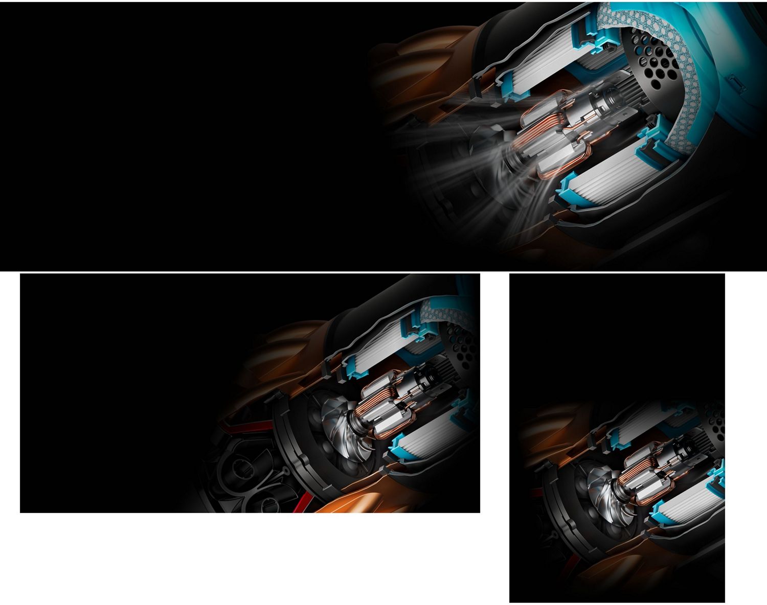 A cutaway of a Dyson V16 Piston Animal cordless vacuum showing the motor within.