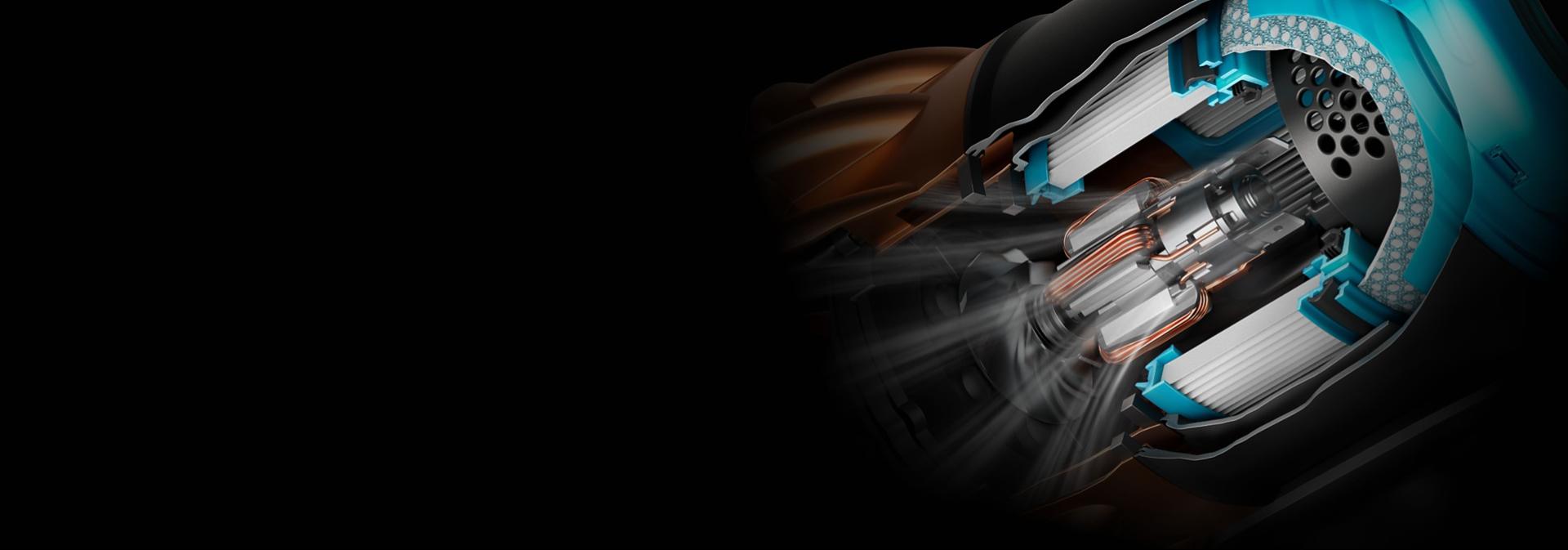 A cutaway of a Dyson V16 Piston Animal cordless vacuum showing the motor within.