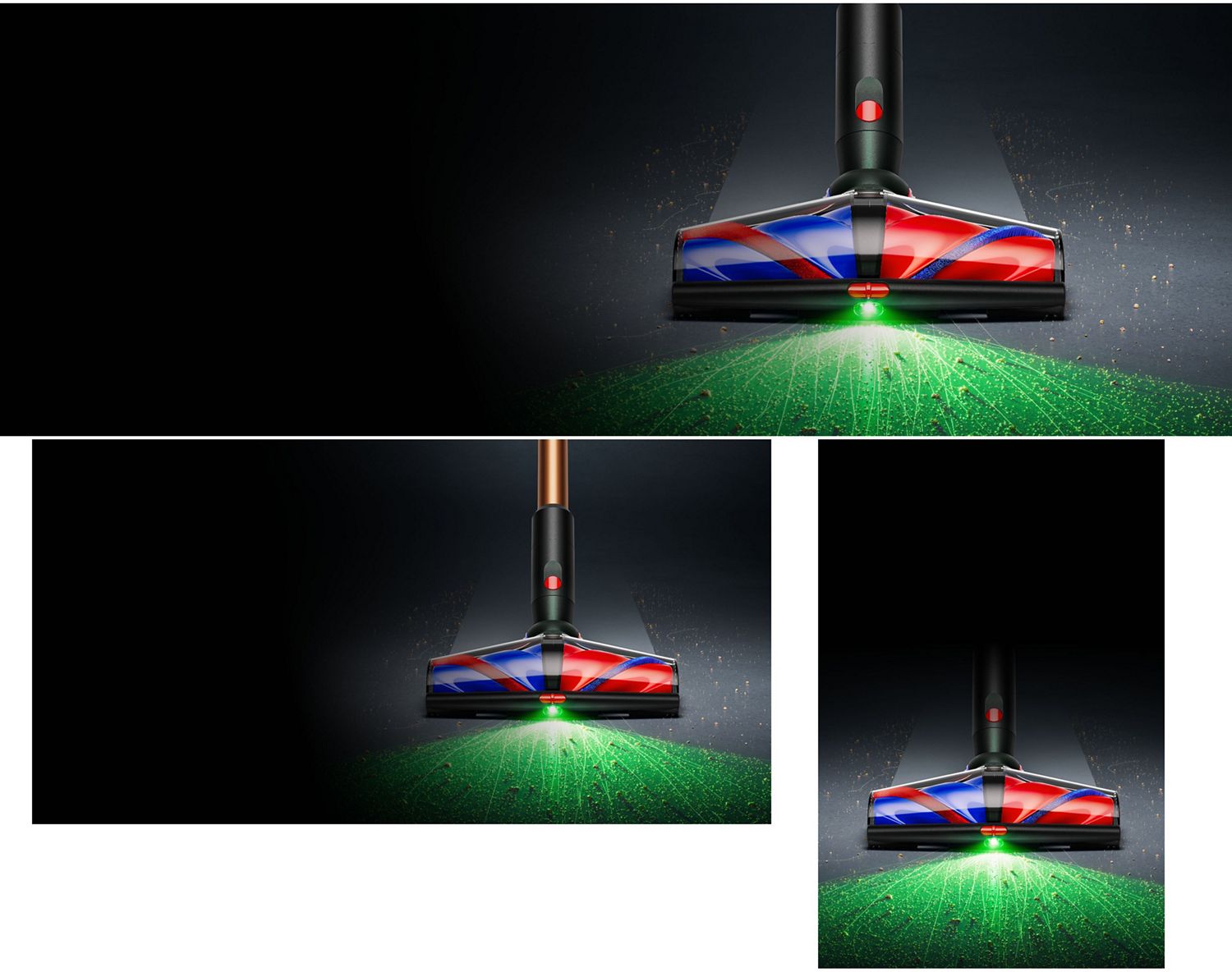 The All Floor Cones Sense cleaner head illuminates hidden dust on a hard floor.