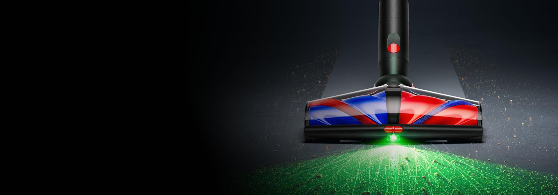 The All Floor Cones Sense cleaner head illuminates hidden dust on a hard floor.