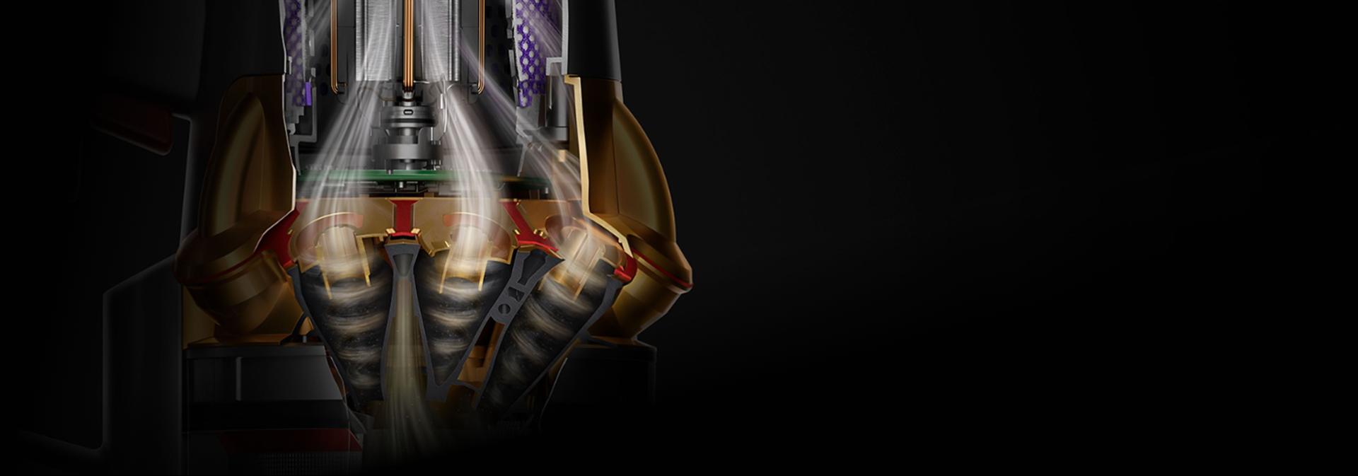 لقطة مقتطعة للمكنسة اللاسلكية Dyson V16 Piston Animal تعرض تكنولوجيا Root Cyclone.