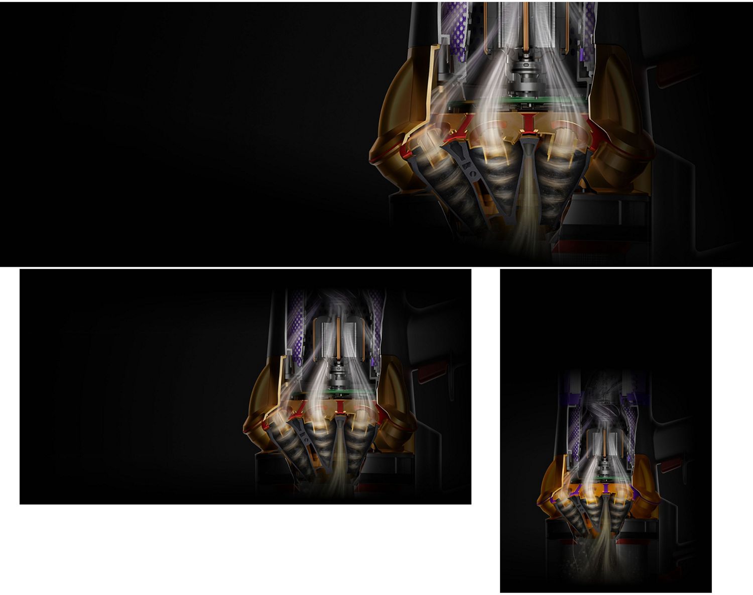 A cutaway of a Dyson V16 Piston Animal cordless vacuum showing the Root Cyclone technology.
