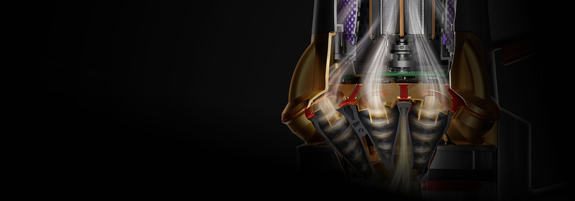 A cutaway of a Dyson V16 Piston Animal cordless vacuum showing the Root Cyclone technology.