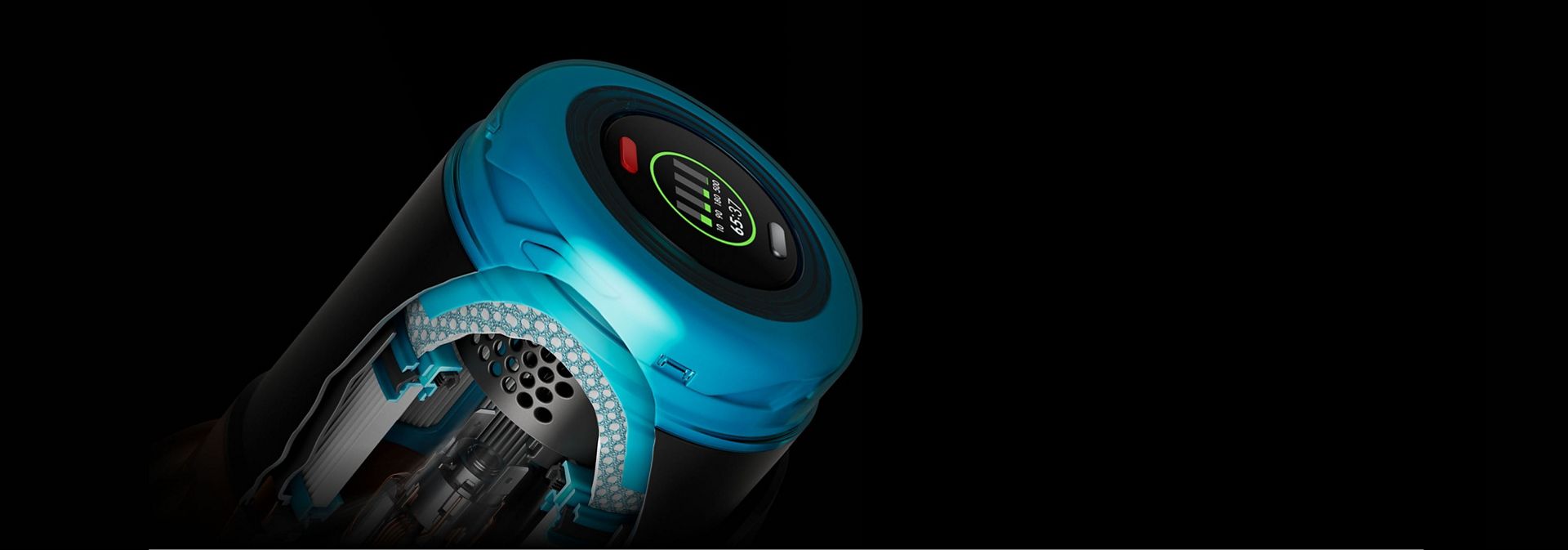 لقطة مقتطعة للمكنسة اللاسلكية Dyson V16 Piston Animal تعرض نظام الفلترة.