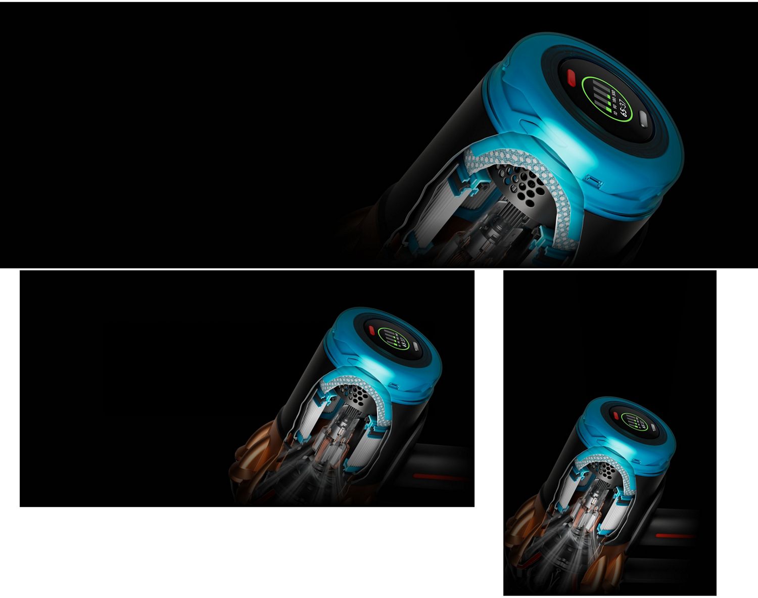 A cutaway of a Dyson V16 Piston Animal cordless vacuum showing the filtration system.