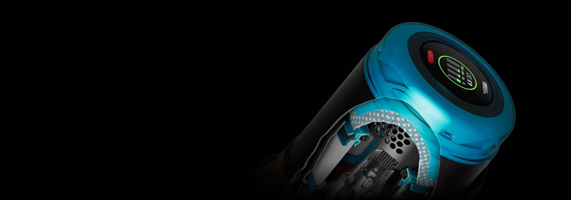 A cutaway of a Dyson V16 Piston Animal cordless vacuum showing the filtration system.