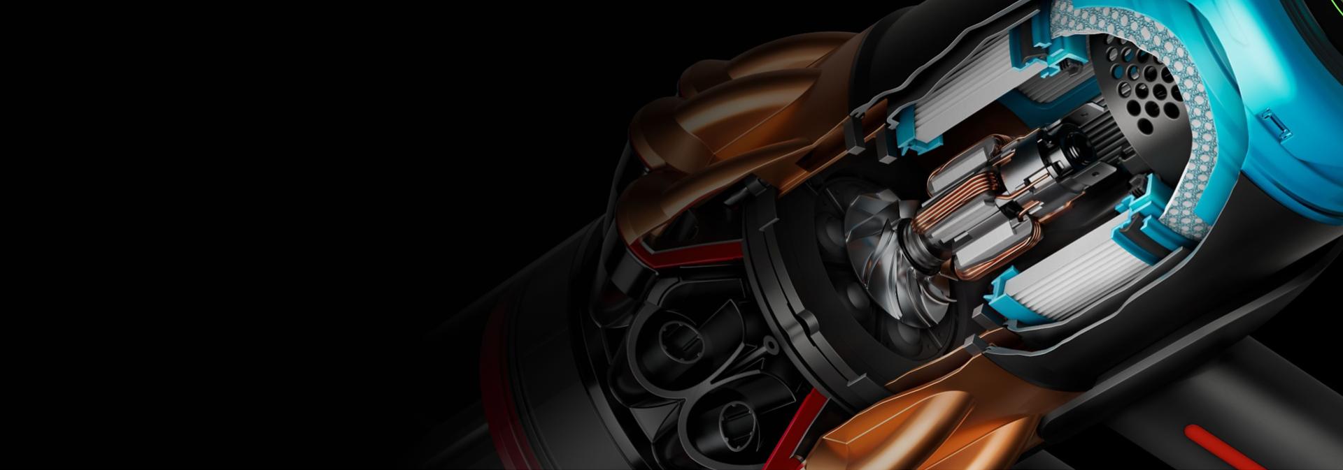 The powerful Dyson Hyperdymium 900w digital motor inside a Dyson vacuum.