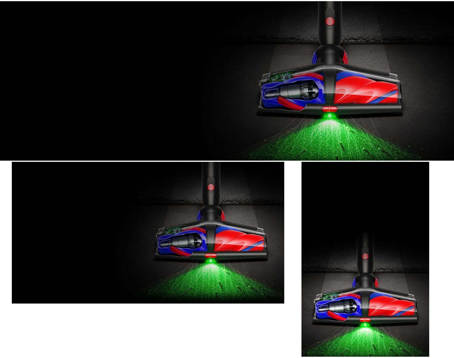 The All Floor Cones Sense cleaner head illuminates hidden dust.