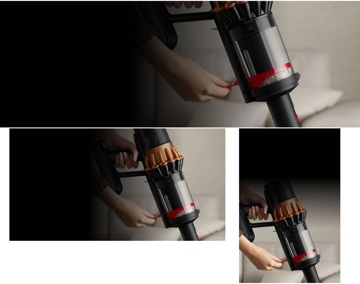 A person compressing dirt inside the bin of the Dyson V16 Piston Animal vacuum.