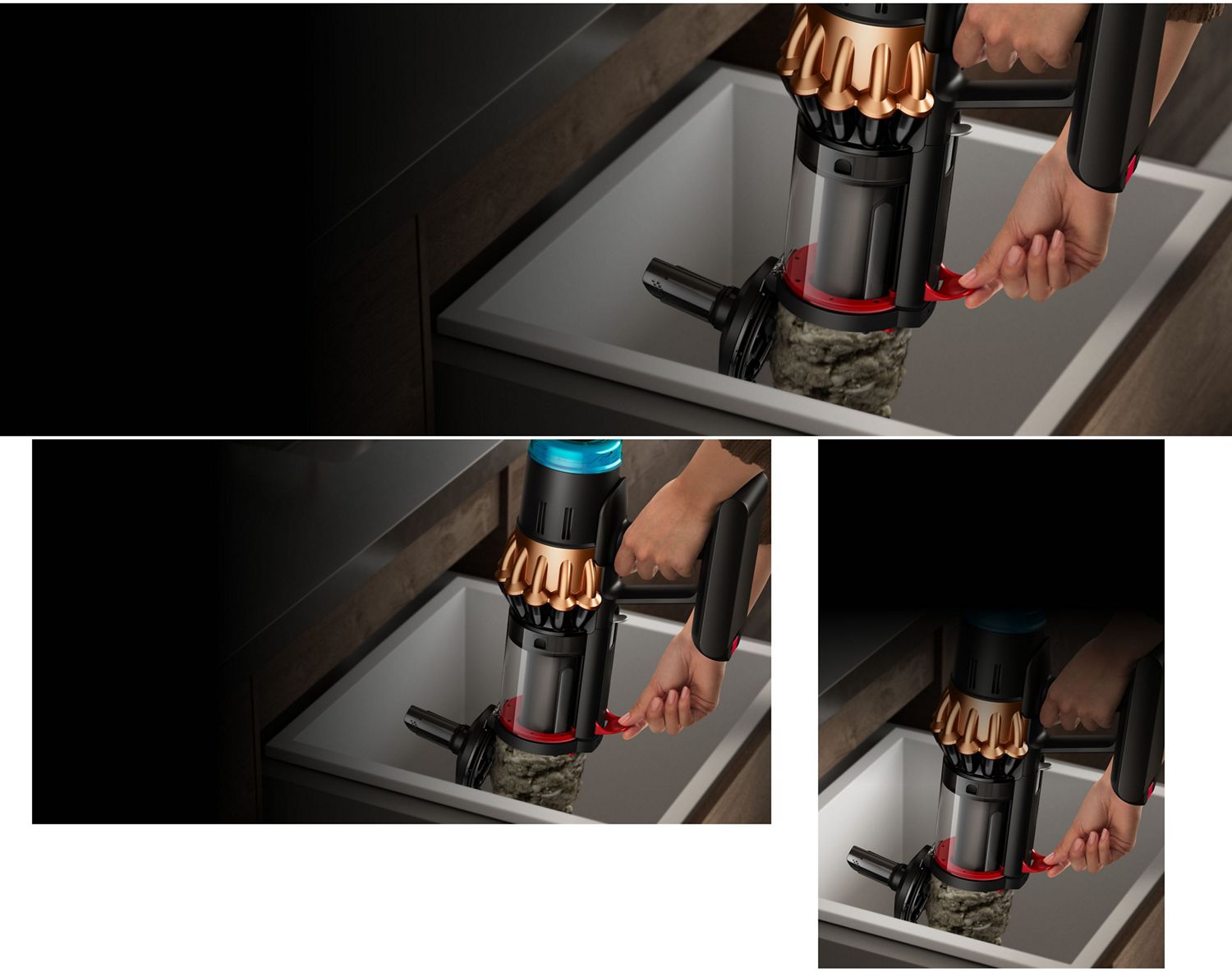 A person wipe-clean emptying the dirt inside the bin of the Dyson V16 Piston Animal vacuum – using the lever on its side.