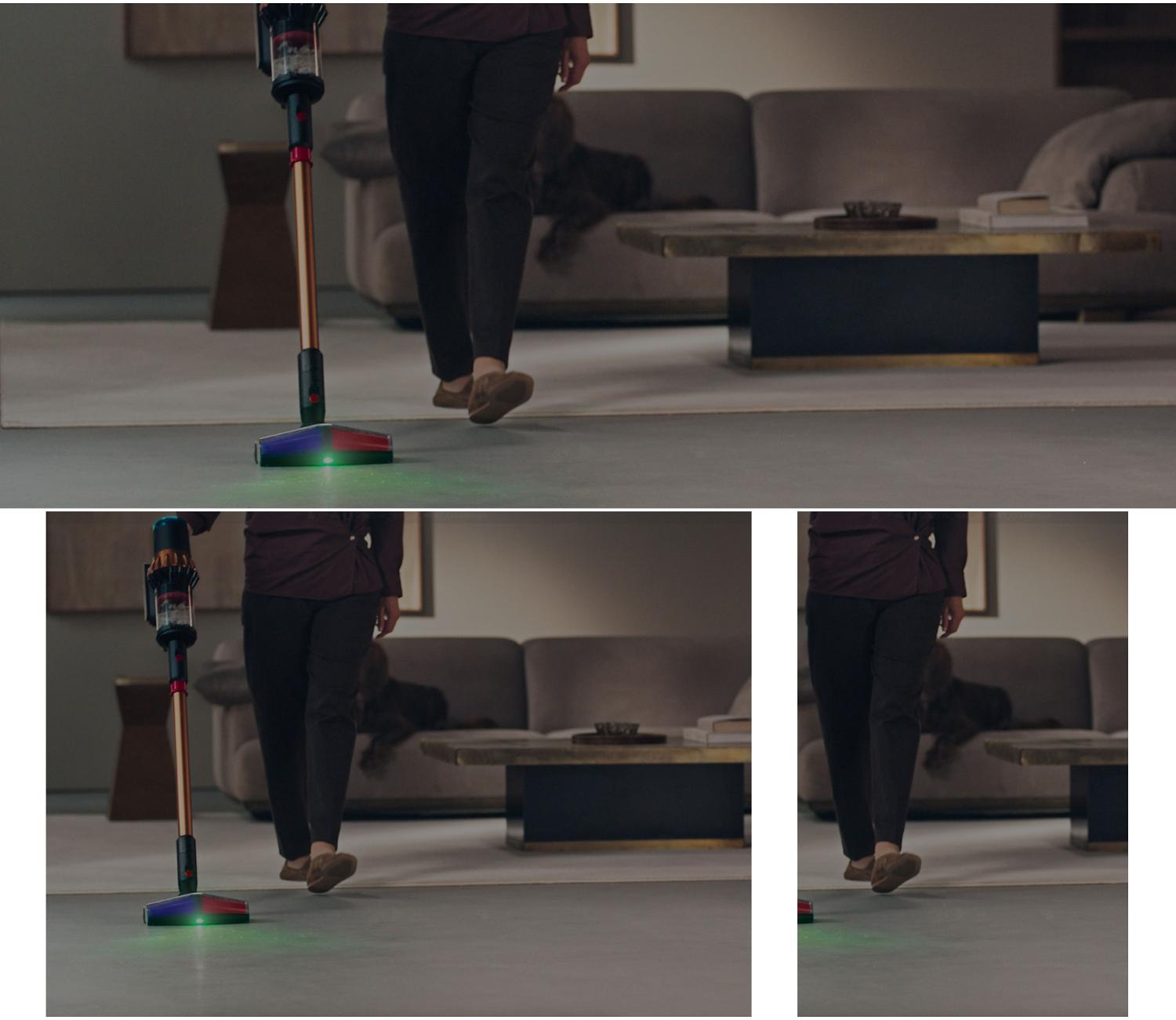 A  close-up of the All Floor Cones Sense cleaner head  illuminating dust on hard floors.