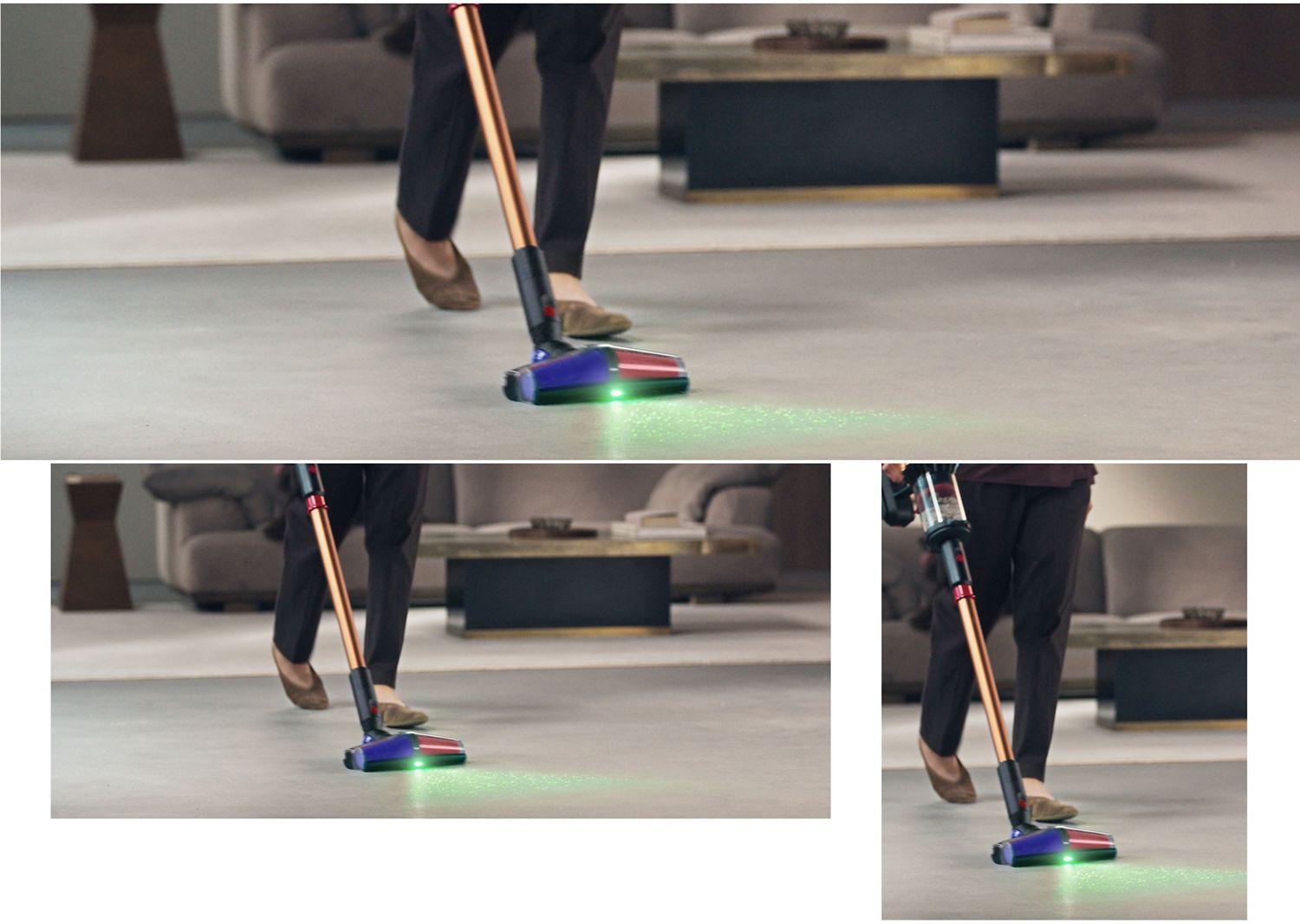 The All Floor Cones™ Sense cleaner head lights up hidden dust on hard floors with a green light.