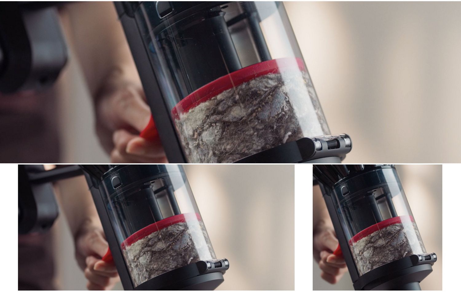 Gros plan du collecteur de l'appareil, rempli de débris.