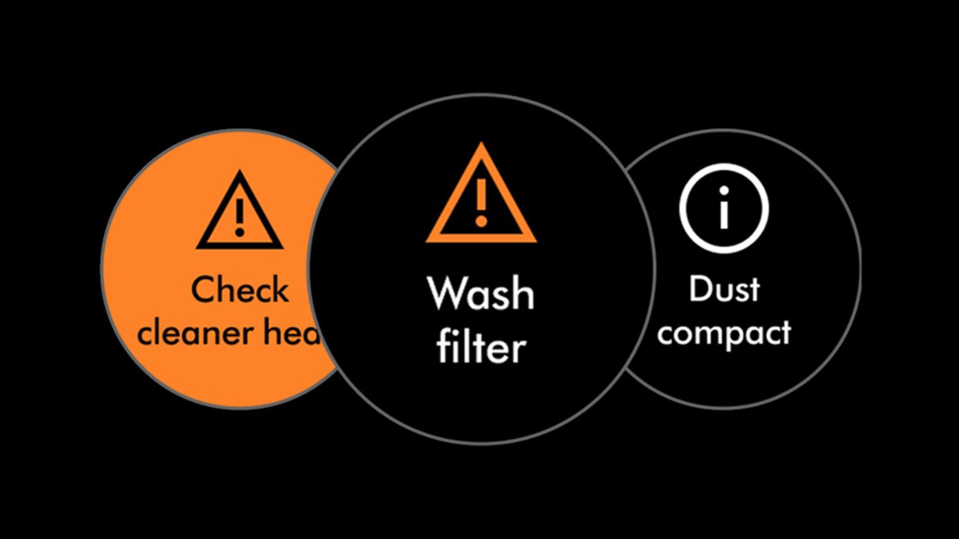 La pantalla LCD de la aspiradora Dyson V16 Piston Animal muestra varias alertas de mantenimiento.