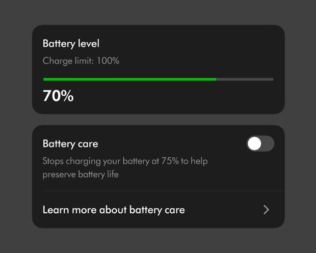 Battery level and Battery care mode toggle on the MyDyson app.